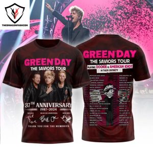 Green Day The Saviors Tour 37th Anniversary 1987-2024 Signature Thank You For The Memories 3D T-Shirt