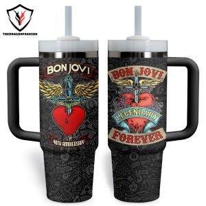 Bon Jovi Legendary Forever 40th Anniversary Tumbler With Handle And Straw