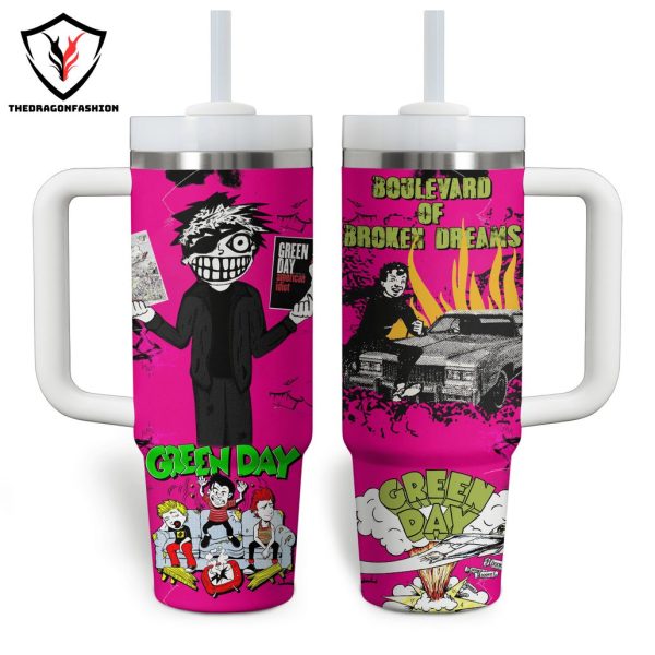 Green Day Boulevard Of Broken Dreams Design Pink Tumbler With Handle And Straw