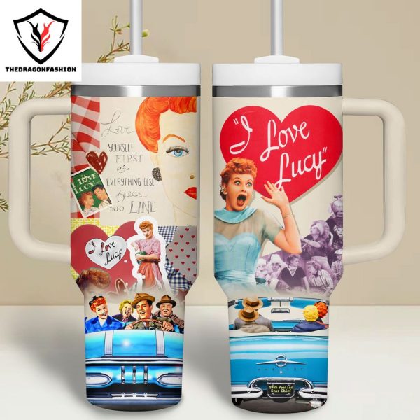 I Love Lucy Love Yourself First Everything Else Into Line Tumbler With Handle And Straw