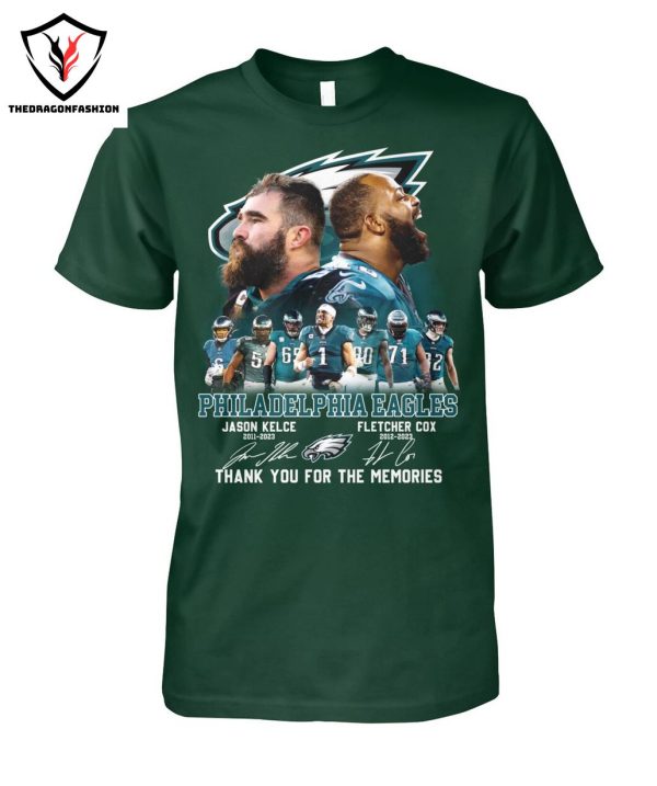 Philadelphia Eagles Jason Kelce 2011-2023 & Fletcher Cox Signature Thank You For The Memories T-Shirt