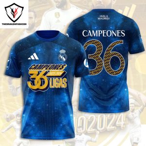 Real Madrid Campeones 2023-2024 36 Ligas Design 3D T-Shirt