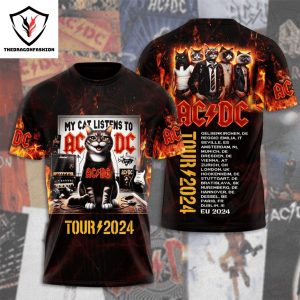 My Cat Listen To AC DC Tour 2024 Design 3D T-Shirt