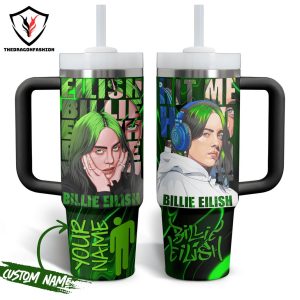 Personalized Billie Eilish Design Green Tumbler With Handle And Straw