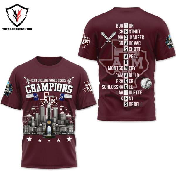 2024 College World Series Champions Texas A&M Aggies 3D T-Shirt – Red