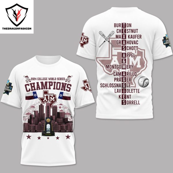 2024 College World Series Champions Texas A&M Aggies 3D T-Shirt – White