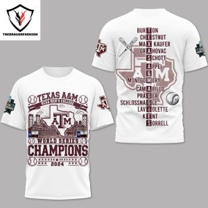 Texas A&M Aggies NCAA Men College World Series Champions 2024 3D T-Shirt – White