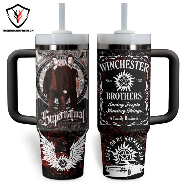 Supernatural Winchester Brothers Saving People Hunting Things Tumbler With Handle And Straw