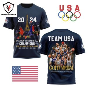 2024 USA Men Basketball Champions Five Straight Olympic Gold Design 3D T-Shirt