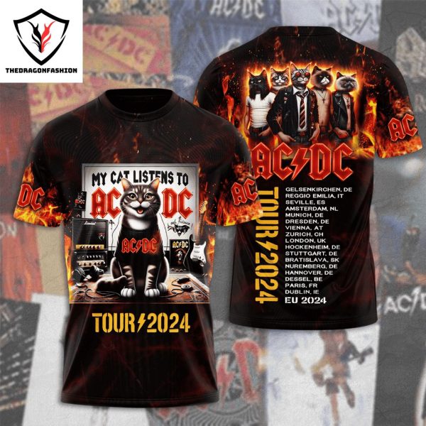 My Cat Listen To AC DC Tour 2024 3D T-Shirt