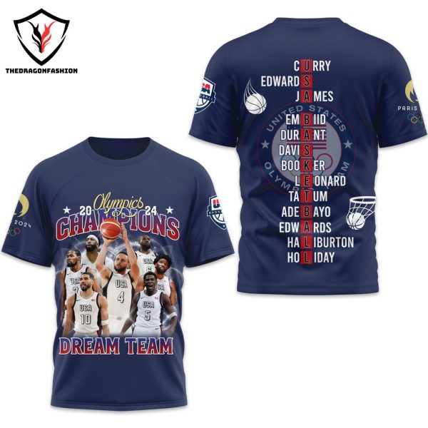 USA Basketball Olympics 2024 Champions Dream Team Design 3D T-Shirt – Blue