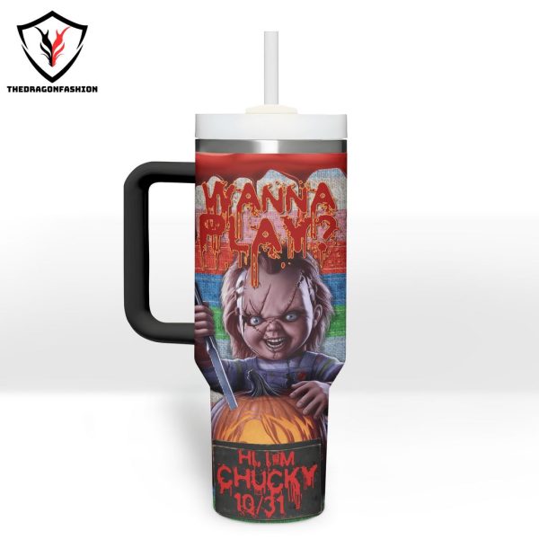 Wanna Play Hi Im Chucky 10-31 Tumbler With Handle And Straw