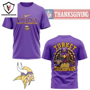 Minnesota Vikings Happy Thanksgiving – Turkey And Touchdowns 3D T-Shirt – Purple