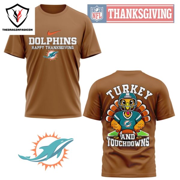 Miami Dolphins Happy Thanksgiving – Turkey And Touchdowns 3D T-Shirt