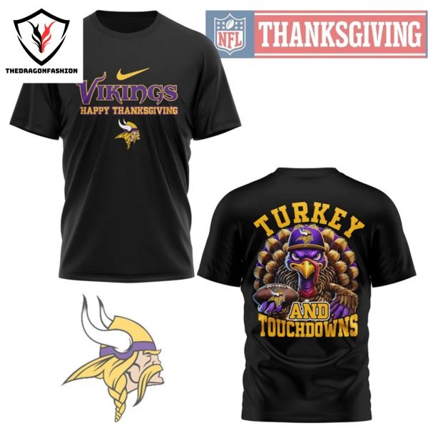 Minnesota Vikings Happy Thanksgiving – Turkey And Touchdowns 3D T-Shirt – Black